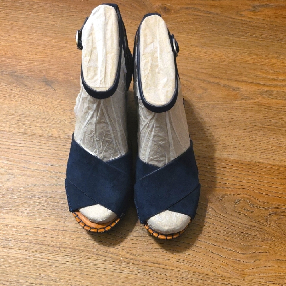 Gentle Souls Charli Blue Suede X-Band Espadrille Wedge Peep Toe Sandal